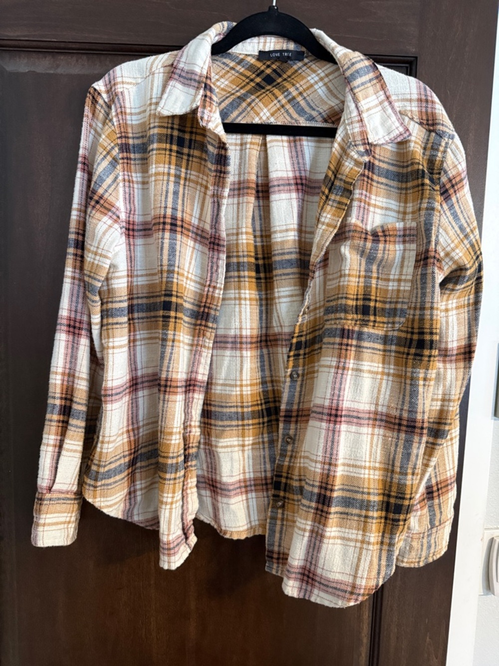 Love Tree Plaid Button-Up Shirt Jacket in Cream, Mustard & Rust